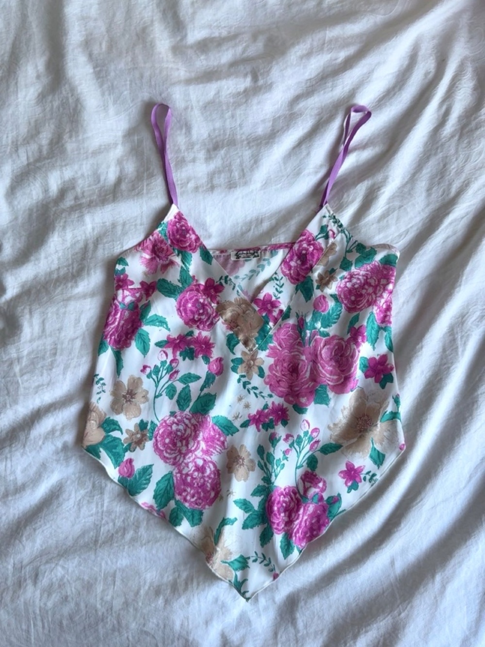 Free People White Floral Handkerchief Hem Tank Top with Pink and Green Print
